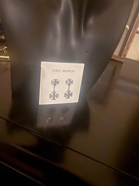 Tory Burch Silver Double-Logo Drop Earrings